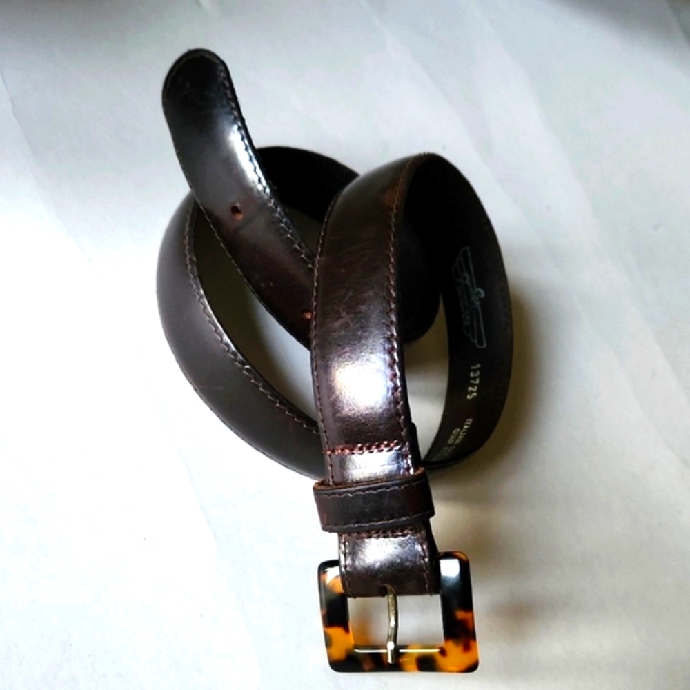 Vintage Dark Brown Leather Belt with Tortoiseshell Buckle